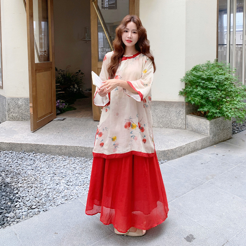 新中式国风套装女2025夏季新款复古印花短袖上衣高腰半身裙两件套,女装连衣裙,2C007