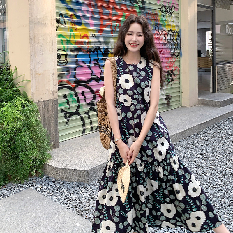 无袖大花朵印花背心裙女夏季202复古日系流行巨好看大方得体长裙,女装连衣裙,2C007