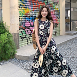 无袖大花朵印花背心裙女夏季202复古日系流行巨好看大方得体长裙，女装连衣裙，2C007