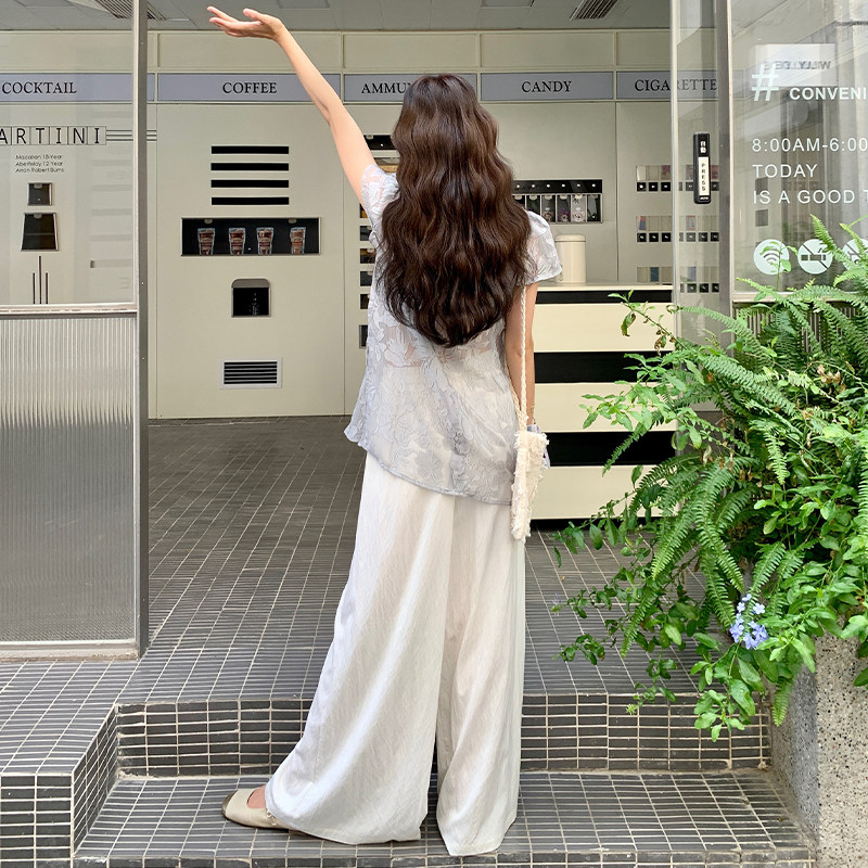 新中式国风套装女夏新款清冷感显瘦蕾丝提花旗袍上衣阔腿裤两件套,女装套装/套裙,2C007