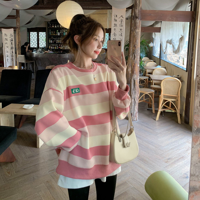 粉色条纹圆领套头卫衣女秋季2025新款小个子甜美洋气减龄休闲上衣,女装卫衣/绒衫,2C007