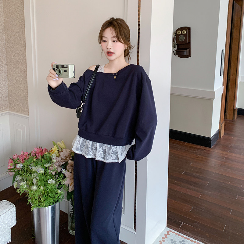 韩系蕾丝拼接斜肩卫衣套装女2025春季新款高级感宽松休闲两件套潮,女装套装/套裙,2C007