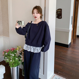 韩系蕾丝拼接斜肩卫衣套装女2025春季新款高级感宽松休闲两件套潮，女装套装/套裙，2C007