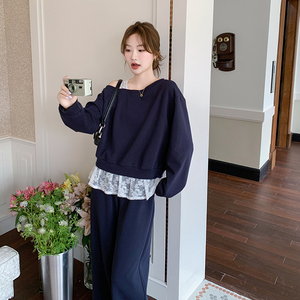 韩系蕾丝拼接斜肩卫衣套装女2025春季新款高级感宽松休闲两件套潮图片