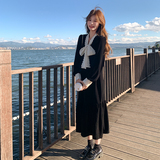 赫本风黑色丝绒长袖连衣裙2025春新款高级感蕾丝拼接气质鱼尾长裙，女装连衣裙，2C007