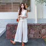 夏日甜美减龄穿搭女2025新款白色木耳边无袖马甲休闲阔腿裤两件套，女装套装/套裙，2C007