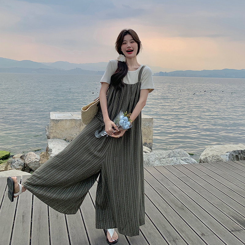慵懒风条纹背带裤女2025夏季新款韩版宽松减龄休闲百搭连体阔腿裤,女装连体裤,2C007