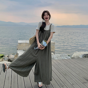 慵懒风条纹背带裤女2025夏季新款韩版宽松减龄休闲百搭连体阔腿裤图片