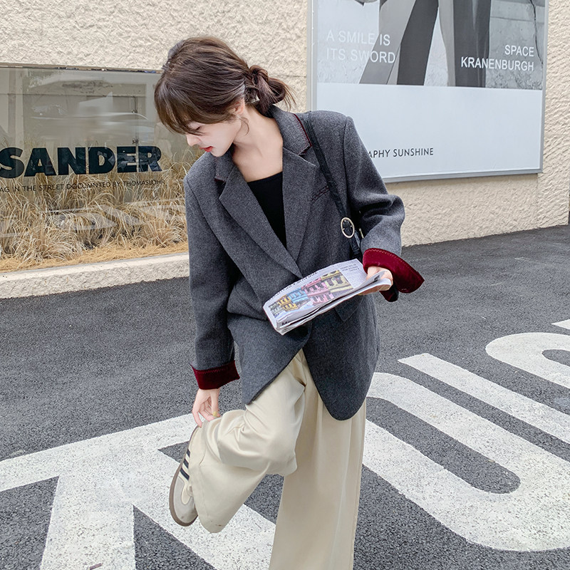 灰色韩系毛呢西装外套女2025冬季新款宽松休闲淡人穿搭炸街西服潮,女装毛呢外套,2C007
