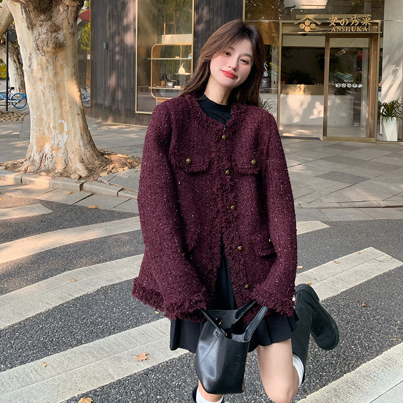 酒红色小香风外套女秋季2025新款港风复古轻熟气质显瘦粗花呢上衣,女装短外套,2C007