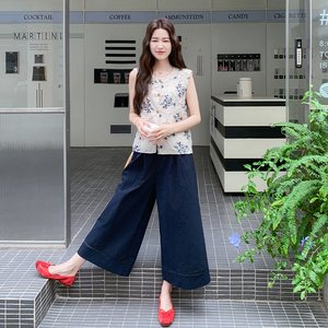 小清新刺绣花边菱格无袖背心套装女2025夏季新款高腰阔腿裤两件套图片