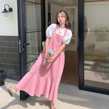 粉色甜美可爱背带裙套装女夏2024新款法式泡泡袖小衫鱼尾裙两件套，女装连衣裙，2C007