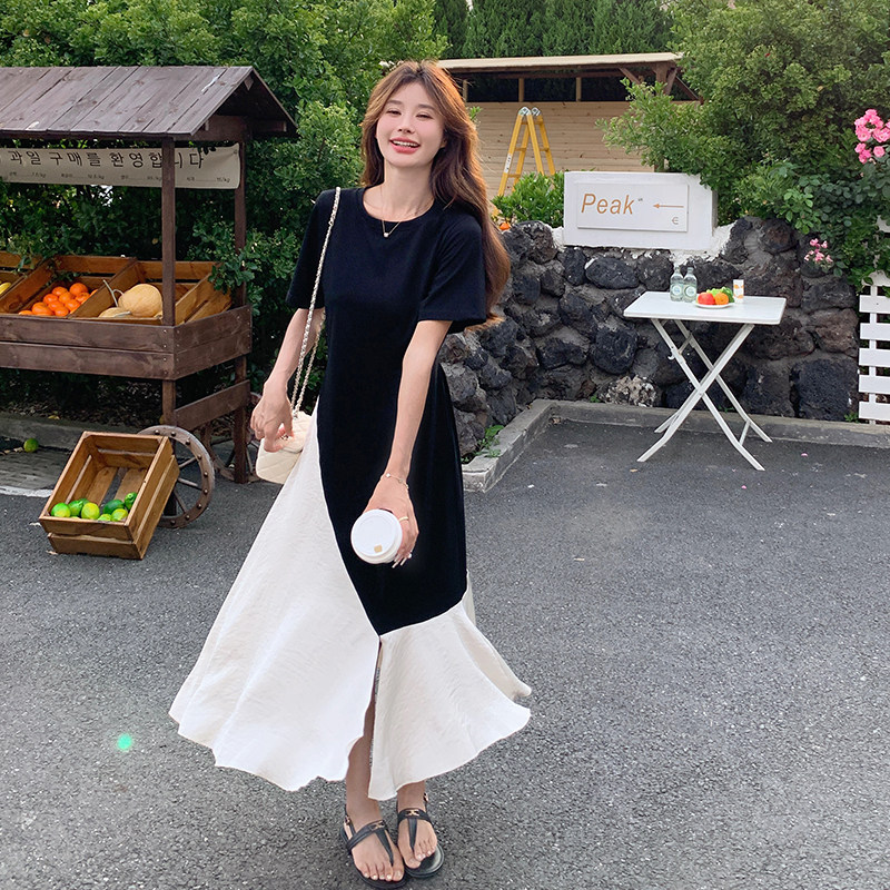 轻熟风短袖连衣裙2025新款女夏季黑色拼接撞色显瘦复古开叉鱼尾裙,女装连衣裙,2C007