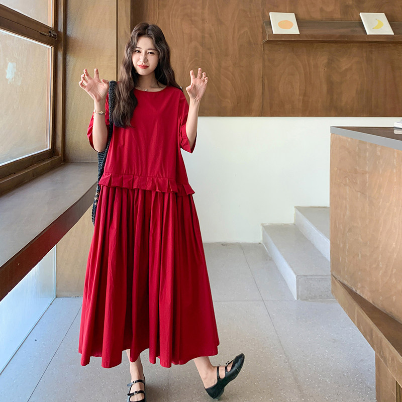甜美复古浪漫风慵懒连衣裙女2025夏季日系简约花边拼接复古红长裙,女装连衣裙,2C007