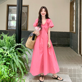 温柔风泡泡袖法式连衣裙2025新款夏季甜美减龄气质设计感粉色长裙，女装连衣裙，2C007