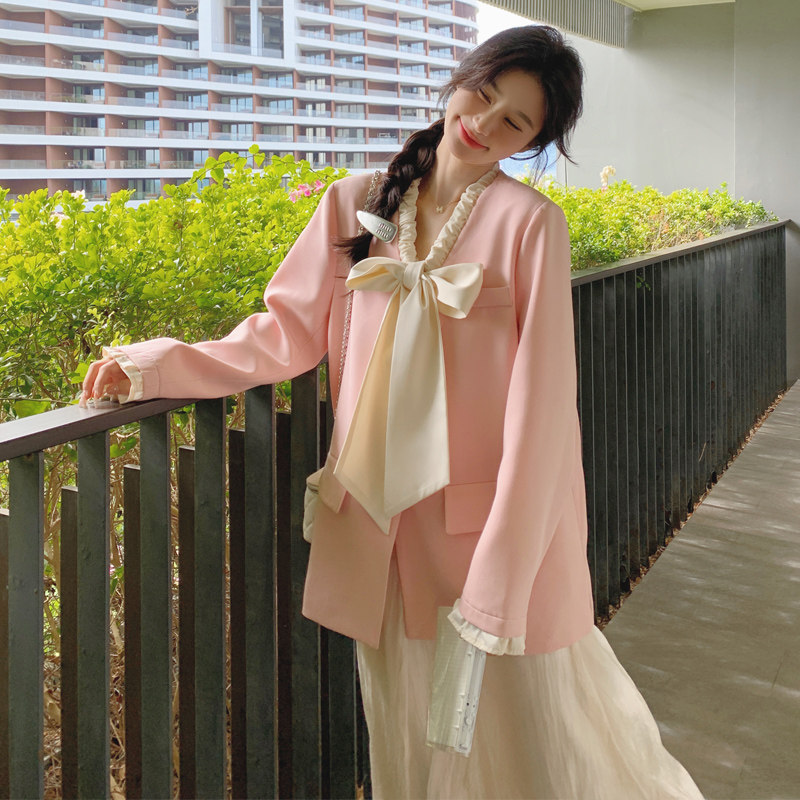 甜美知性粉色蝴蝶结西装上衣女春秋2025新款绝美超好看半身裙,女装西装,2C007