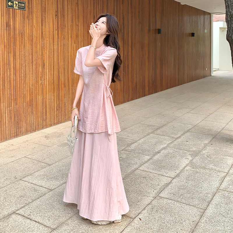 粉色新中式减龄超好看套装裙女2025夏季盘扣短袖上衣半身裙两件套图片