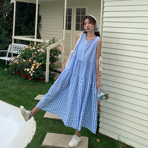 韩版盐系减龄格纹拼接连衣裙女2025夏季新款法式宽松显瘦背心长裙图片