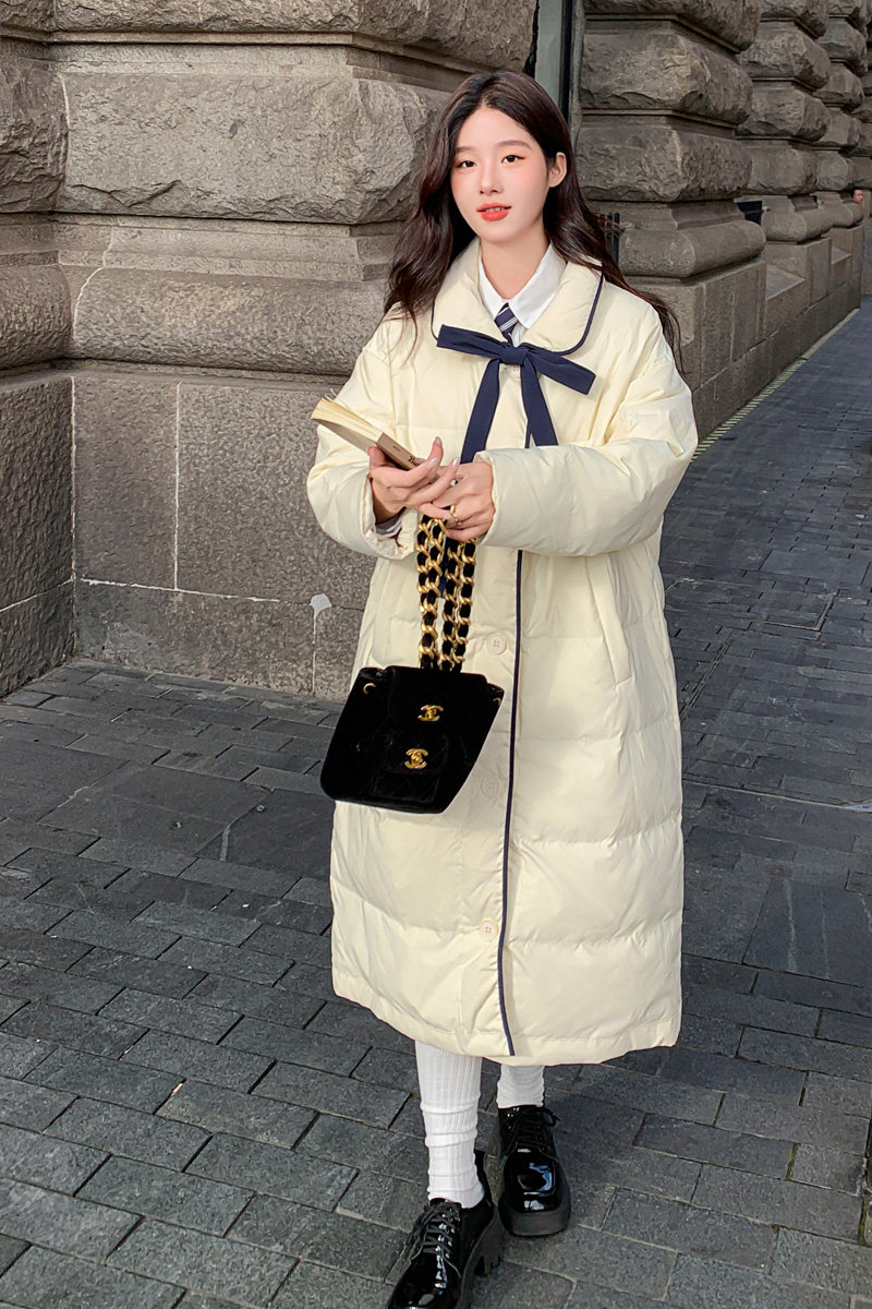 韩系中戏甜美减龄白鸭绒羽绒服女冬新款小个子长过膝加厚宽松外套,女装羽绒服,2C007