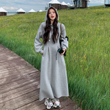 灰色韩系中长款连帽卫衣裙女秋季2025新款小个子学院风休闲连衣裙，女装连衣裙，2C007