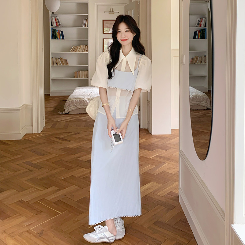浅蓝色超好看衬衫套装裙女2025年夏季新款设计感气质半身裙两件套,女装套装/套裙,2C007