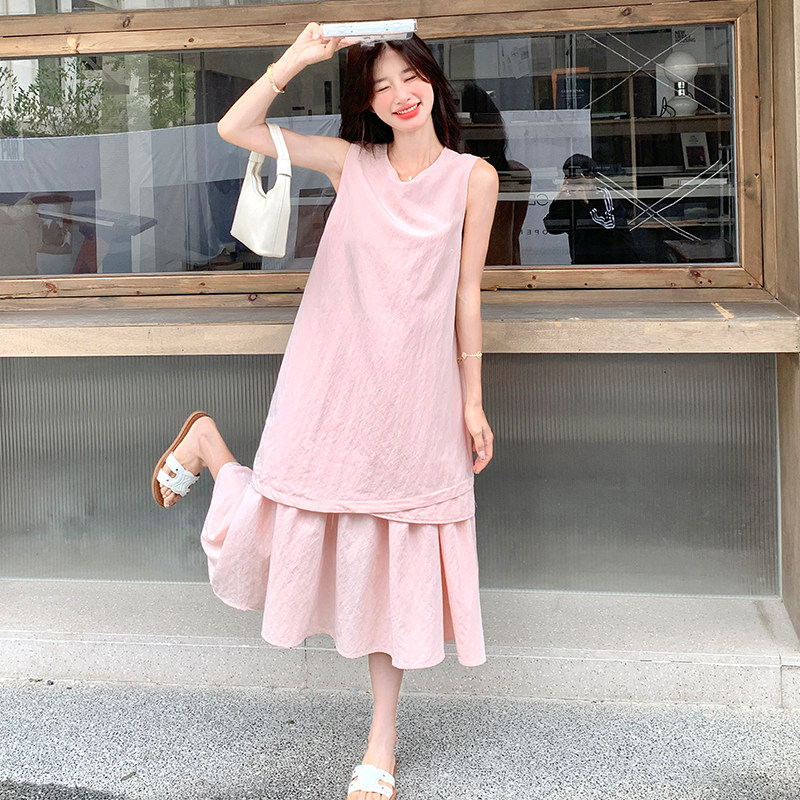 温柔风简约无袖连衣裙女2025夏季新款日系百搭休闲粉色假两件长裙,女装连衣裙,2C007