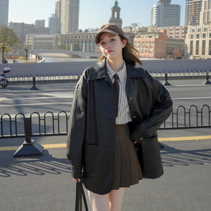 又酷又飒黑色pu皮衣外套女2025春季新款高级感炸街宽松机车服夹克图片