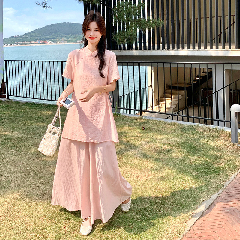 粉色新中式减龄超好看套装裙女2025夏季盘扣短袖上衣半身裙两件套,女装套装/套裙,2C007