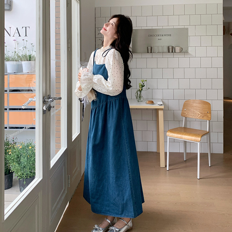 蓝色韩系复古牛仔吊带连衣裙套装女秋季2025新款波点内搭两件套,女装连衣裙,2C007