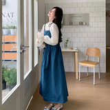 蓝色韩系复古牛仔吊带连衣裙套装女秋季2025新款波点内搭两件套，女装连衣裙，2C007