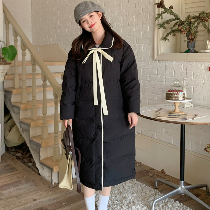 黑色韩版学院风羽绒服2025冬季新款甜美撞色包边白鸭绒中长款外套,女装羽绒服,2C007