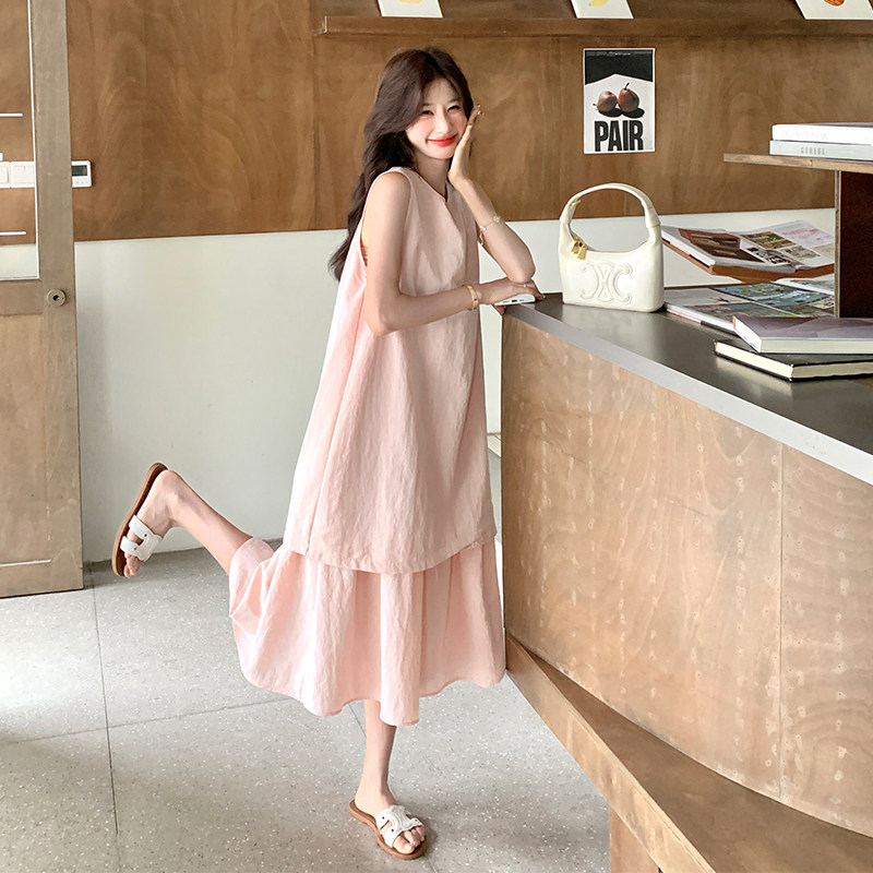 温柔风简约无袖连衣裙女2025夏季新款日系百搭休闲粉色假两件长裙图片