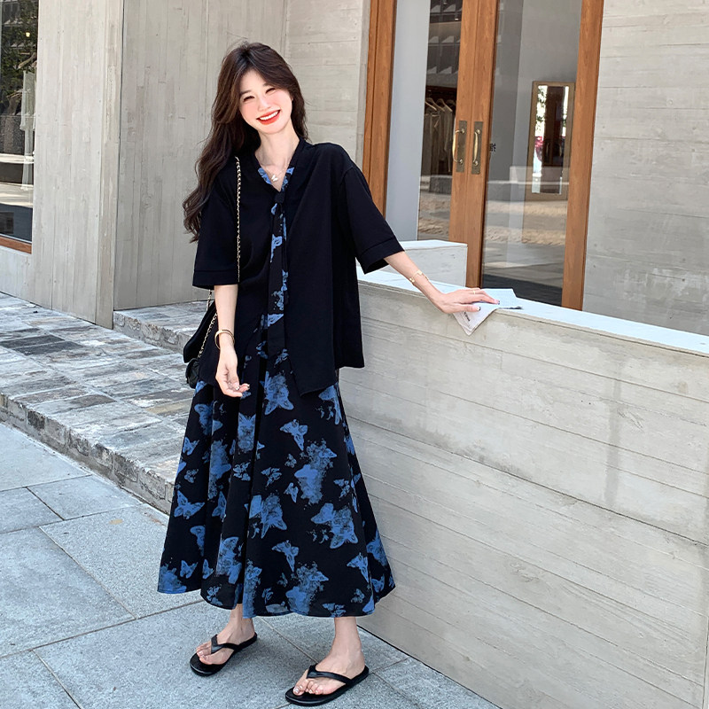 轻熟风韩系假两件上衣套装女夏季新款小个子显瘦印花阔腿裤两件套,女装套装/套裙,2C007
