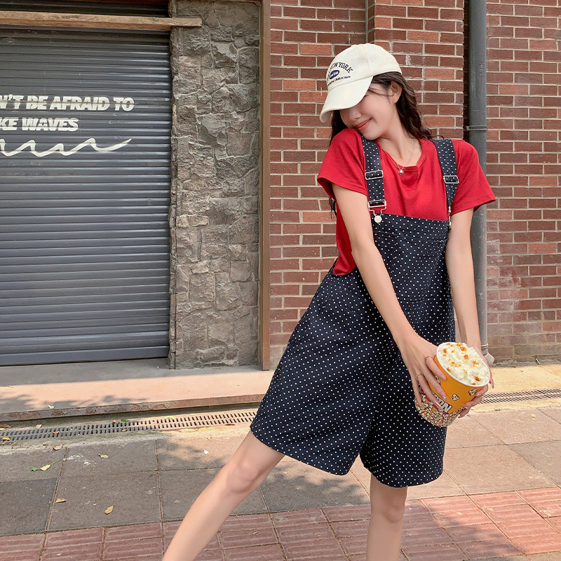 韩版显瘦波点背带裤女夏季2025新款可盐可甜通勤百搭T恤短裤,女装连体裤,2C007