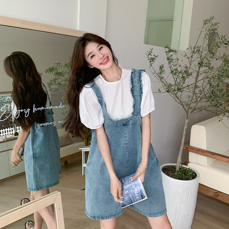 牛仔背带裤女2025夏季新款韩系学院风洋气减龄T恤短裤,女装连衣裙,2C007