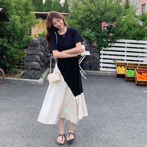 轻熟风短袖连衣裙2025新款女夏季黑色拼接撞色显瘦复古开叉鱼尾裙图片