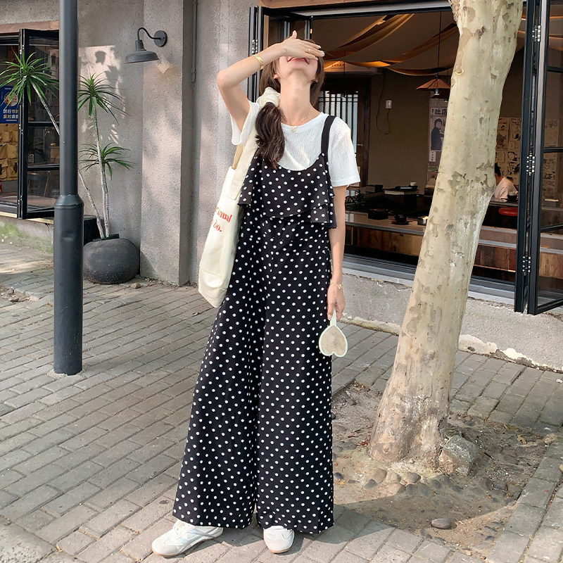 韩系少女波点背带裤套装女2025夏新款超好看小个子百搭连体阔腿裤,女装连体裤,2C007