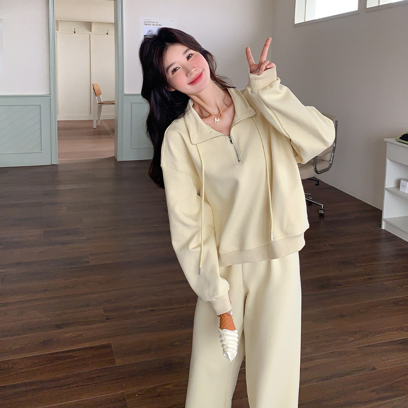 黄色慵懒风卫衣套装女2025春季新款韩系超火减龄休闲阔腿裤两件套,女装套装/套裙,2C007