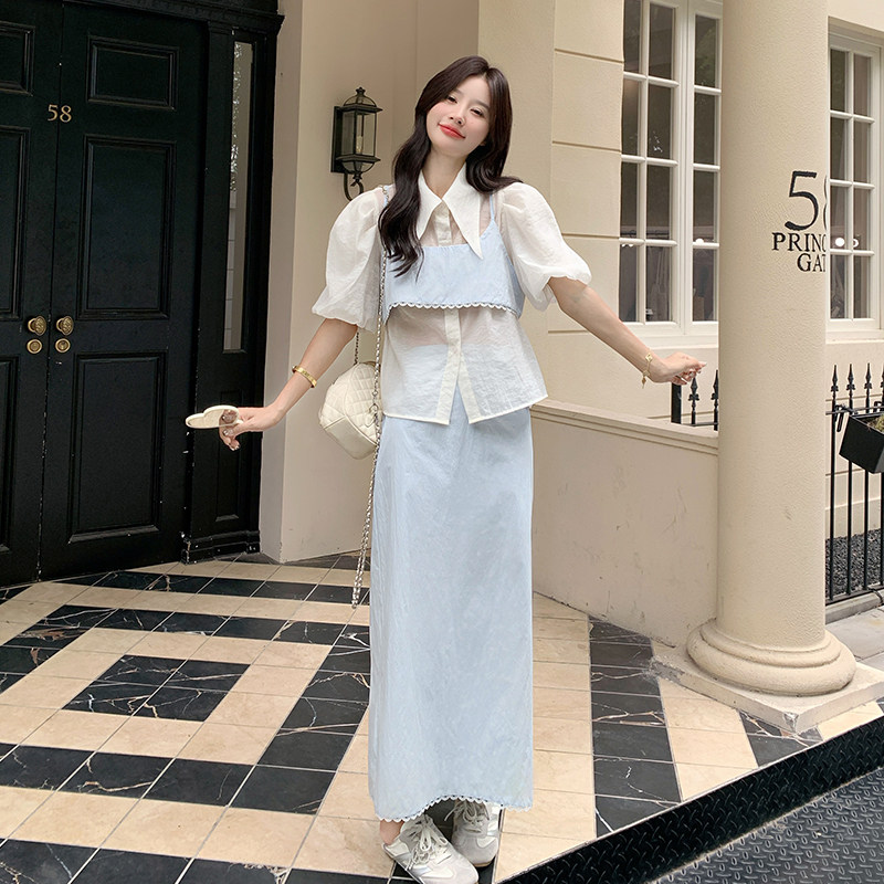 浅蓝色超好看衬衫套装裙女2025年夏季新款设计感气质半身裙两件套,女装套装/套裙,2C007