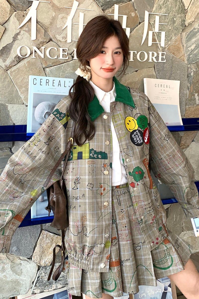 miu系穿搭美式复古格子外套女配百褶短裙2025春夏独特漂亮套装潮,女装套装/套裙,2C007