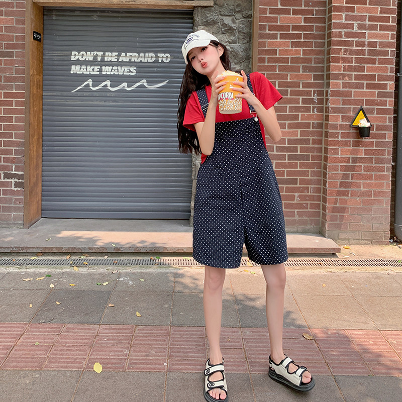 韩版显瘦波点背带裤女夏季2025新款可盐可甜通勤百搭T恤短裤,女装连体裤,2C007