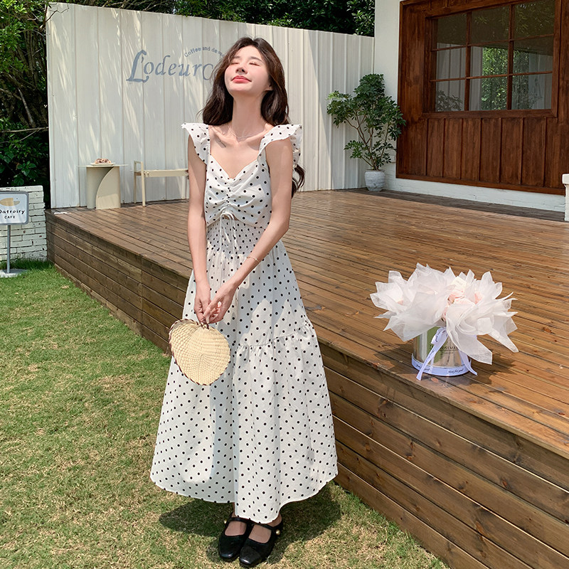 2024夏季新款高级感小飞袖白色波点连衣裙子女小个子法式气质长裙,女装连衣裙,2C007
