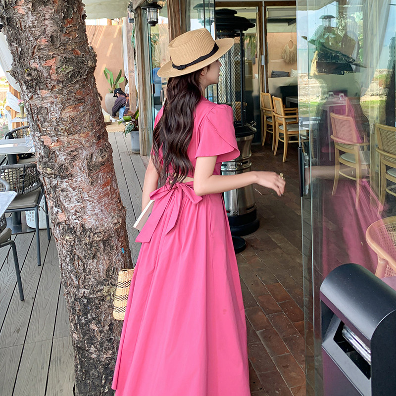 玫粉色法式泡泡袖V领连衣裙女2025夏季新款超好看小心机度假长裙,女装连衣裙,2C007