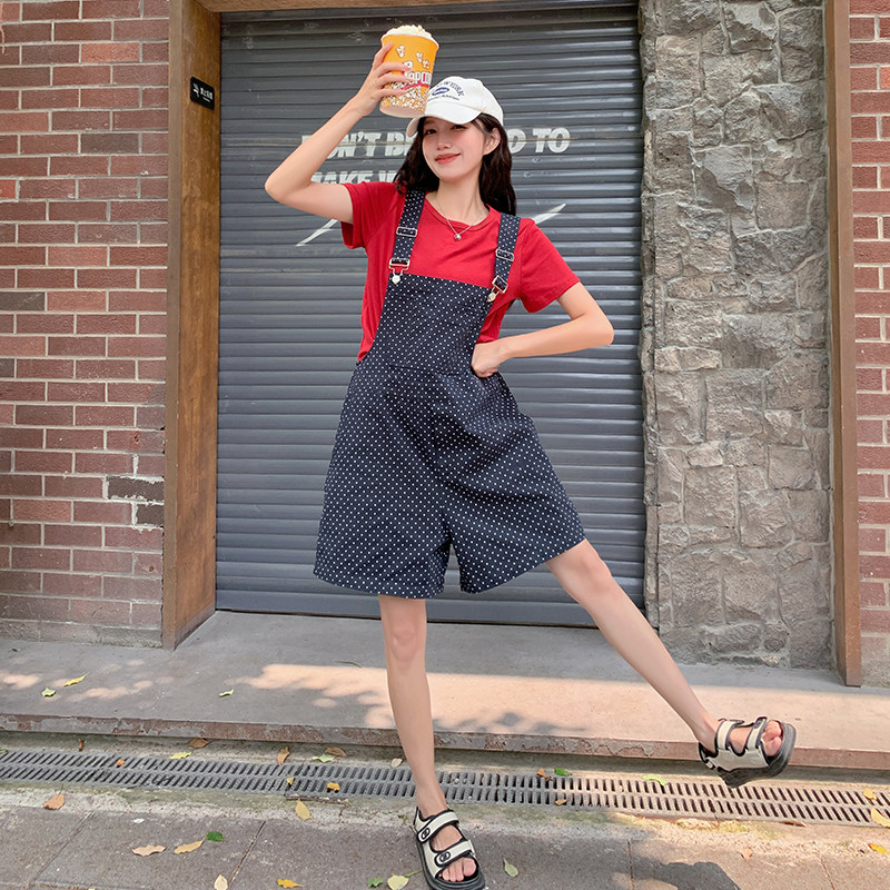 韩版显瘦波点背带裤女夏季2025新款可盐可甜通勤百搭T恤短裤图片