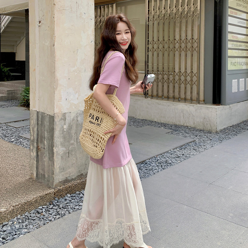 夏季新款宽松显瘦裙子2025法式气质v领蕾丝花边拼接短袖连衣裙女,女装连衣裙,2C007