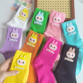 儿童拉布布袜子春秋季 多巴胺彩色中筒袜男女童labubu卡通潮流棉袜