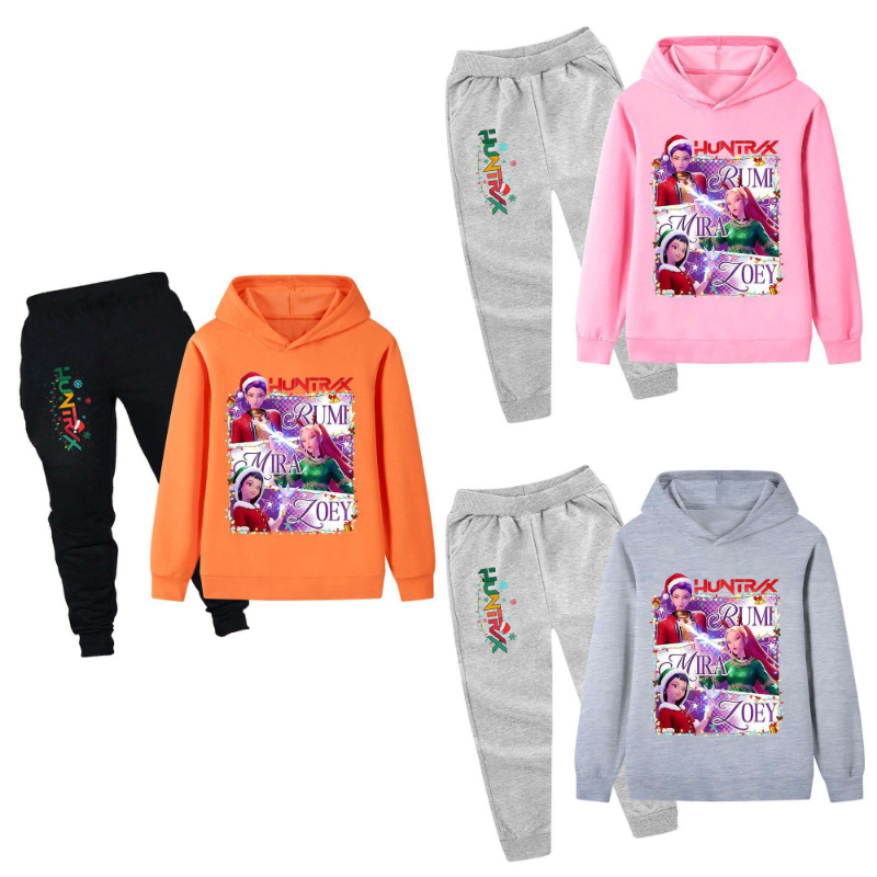 儿童cosplay Kpop猎魔女团圣诞主题卡通印花儿童连帽衫卫衣套装