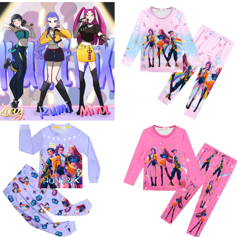 儿童睡衣女童春秋季薄款套装女孩长袖K-POP猎魔女团卡通睡衣套装