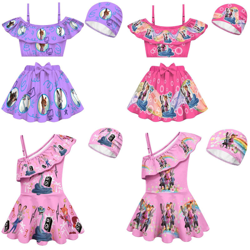 儿童套装泳衣Zootopia疯狂动物城2女童一字肩斜肩泳装泳帽套装