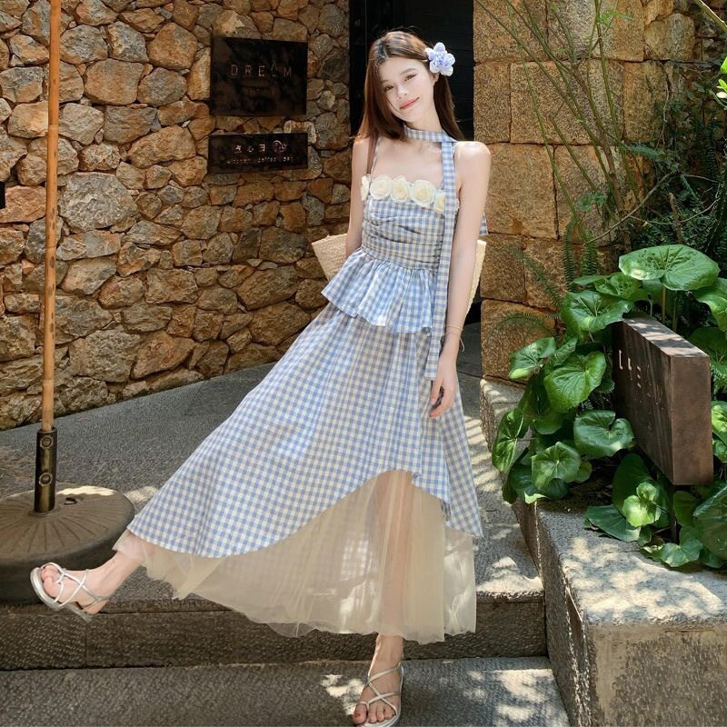 蓝色格子蕾丝抹胸吊带半身裙女夏泰式多巴胺云南海边度假长裙套装